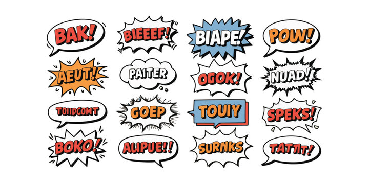 Collection of comic book style speech bubbles with various onomatopoeia words on a white background
