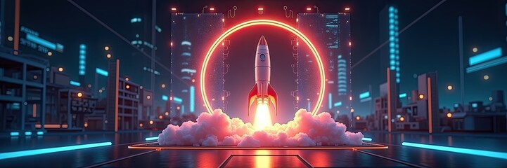 Obraz premium Rocket launch in a futuristic cityscape.