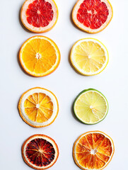 A vibrant flat lay composition of various fresh and dried citrus fruit slices, isolated on white background
