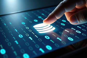 Closeup of a finger touching a digital screen displaying binary code and a glowing icon representing data or finance