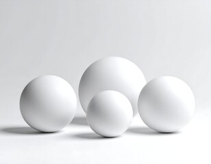 Four matte white spheres of varying sizes rest on a white surface against a white background, casting soft shadows