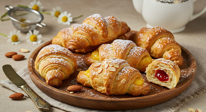 Freshly baked croissants filled with custard and jam served on a rustic wooden tray - Powered by Adobe