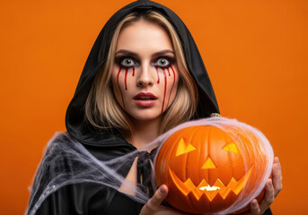 Young woman in witch costume with bloody tears makeup holding a jackolantern pumpkin