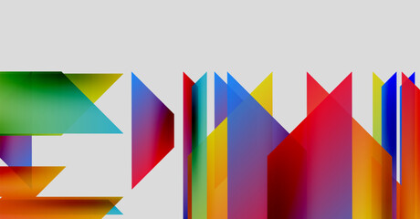 Abstract geometric shapes overlap, creating vibrant color gradients. Composition features sharp angles, dynamic lines, modern design.
