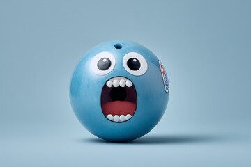 Fototapeta premium Surprising blue bowling ball with large cartoonish eyes and open mouth, set against a soft pastel background, evokes laughter and excitement in a fun bowling alley atmosphere
