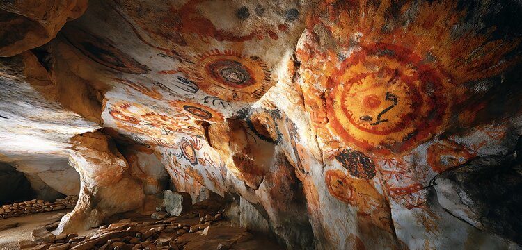 Shamanic vision ritual in paleolithic cave painted with vivid spiritual symbols