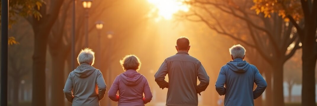 Morning run in a peaceful park with friends, illuminated by glowing sunlight filtering through colorful foliage. Banner with senior people jogging together outdoor. Active lifestyle.