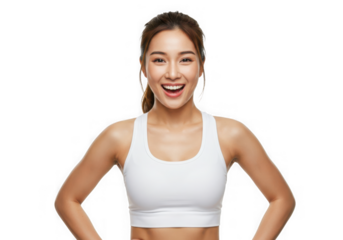 Woman smiling wearing athletic sports bra on transparent background