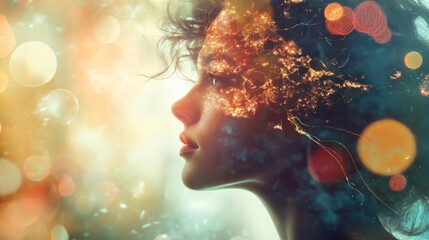 Abstract artistic portrait of a woman with colorful lights.