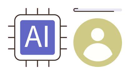 AI microchip alongside user profile icon connected by design elements. Ideal for technology, innovation, machine learning, automation, user interface, digital transformation, data processing. Simple