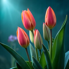 Closeup of vibrant pink and orange tulip flowers blooming with delicate petals and green leaves in soft light