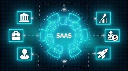 Businessman selecting sass concept button on a clear projection screen. ,Blue holographic advanced HUD circle platform 4k video animation - Powered by Adobe