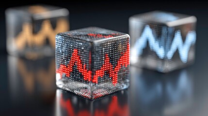 Translucent cubes display financial charts