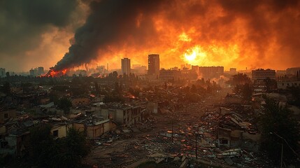 Catastrophic Urban Fire with Smoke and Flames at Dusk Over Buildings