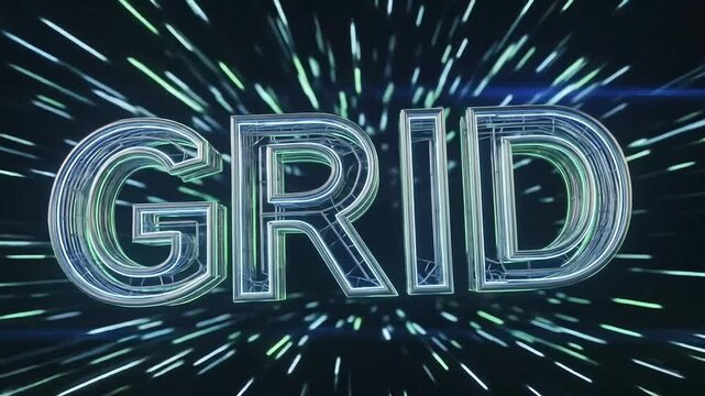 Shiny, wireframe "GRID" text against a black backdrop with streaking lines suggesting swift motion or a futuristic aesthetic