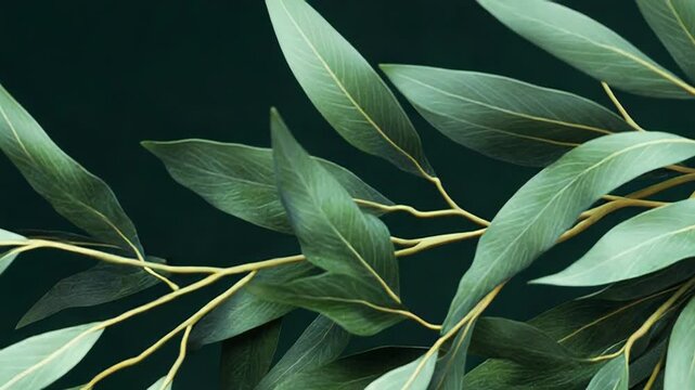 Eucalyptus leaves creating a pattern on dark green background