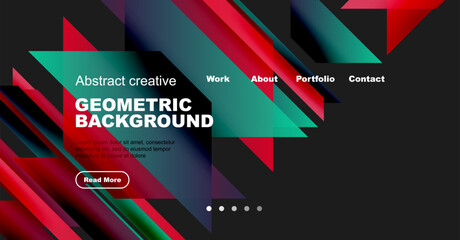 Modern website header design features vibrant geometric shapes, text overlay, navigation menu. Dark background enhances visual impact.