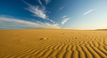 Naklejka premium Expansive Desert Landscape with Golden Sand Dunes and Blue Sky with Wispy Clouds