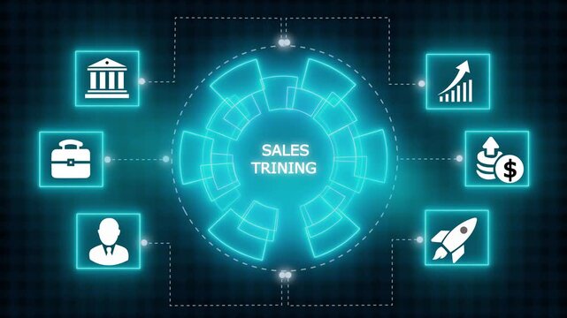 A businessman's hand selecting a Training concept button on a futuristic computer pointing at marketing charts on electronic board. Group analyzing presentation  - Powered by Adobe