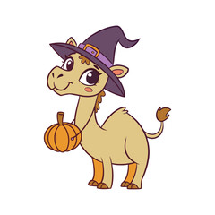 Cartoon camel wearing a witch hat and holding a pumpkin, isolated on a white background.