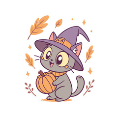 A cute cartoon grey cat wearing a witch hat and scarf, holding a pumpkin, surrounded by autumn leaves and stars.