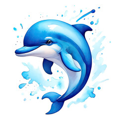 Cute blue cartoon dolphin jumping out of the sea water with a splash