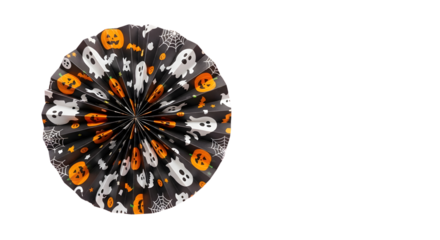 Festive Halloween fan decoration featuring playful ghosts, pumpkins, bats, and spiderwebs, perfect for spooky party ambiance and seasonal decor