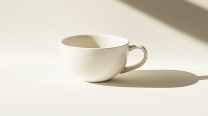 Fototapeta premium A minimalistic white cup casts a subtle shadow on a smooth surface, highlighting its elegant design and simplicity.