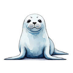 A cartoon illustration of a cute baby seal smiling on a beach