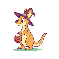 Cartoon kangaroo wearing a witch's hat and holding a pumpkin basket, ready for Halloween trick-or-treating.