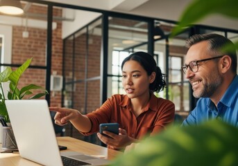 Colleagues collaborating on a project using a laptop in a modern office
