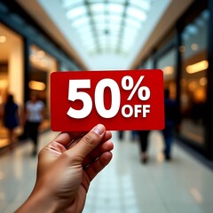Fototapeta premium 50% Off: A hand holds a sign that boldly displays a 50% Off discount, promising significant savings to the customer. Perfect for showcasing promotions.