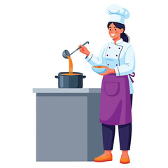Female chef in uniform cooking delicious soup in a professional kitchen.