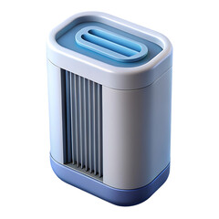 Modern white and blue personal air cooler with slits isolated on transparent background