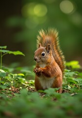 Fototapeta premium Cute Squirrel Standing on Green Leaves in Forest Scene with Soft Lighting