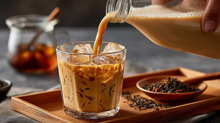 milk tea with ice cubes in a pentagon glass, hand gently pouring milk tea from a glass bottle
