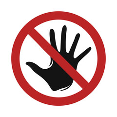 Isolated flat illustration of transparent red crossed out and black arm hand do not touch icon, prohibition, hazard, alert, accident may occur, do not enter symbol
