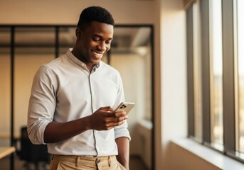 Young black man smiling while using his smartphone in an office