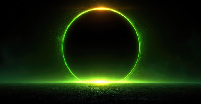 Circular portal, glowing green, dark background - Powered by Adobe