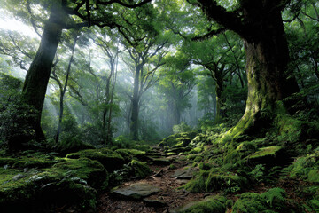 Fototapeta premium Mystical forest with sunlight piercing through ancient trees
