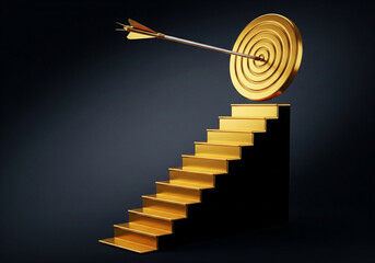 Achieving goals concept golden stairs arrow hitting target business success and career path illustration