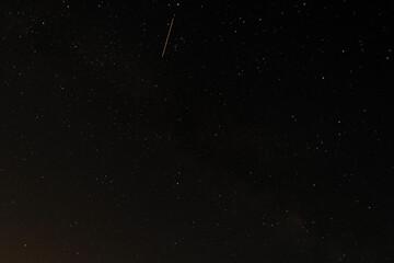 Long exposure night scene shows one bright meteor streaking across a dense starfield and faint Milky Way, captured above a dark horizon for a minimal, tranquil astronomical view