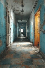 Obraz premium Decaying hallway, peeling paint, and faded light