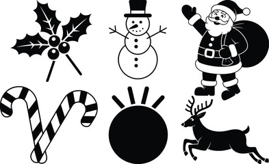 Christmas holiday icons with Santa Claus, snowman, reindeer, candy canes, holly leaves, festive decorations, winter celebration, seasonal symbols, joyful spirit, Christmas season, holiday cheer