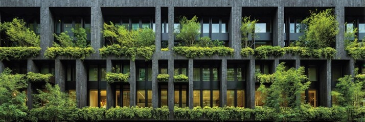Dark gray building facade with lush green plantings