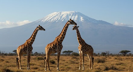 Obraz premium Group of Three Giraffes Standing in Savanna with Snow-capped Mountain in Background