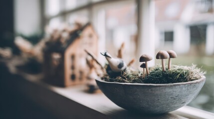 Miniature mushrooms in a decorative bowl on a windowsill.