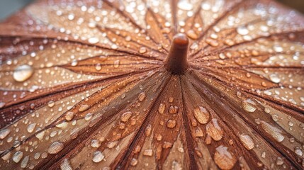 Close-up view of raindrops on an umbrella.