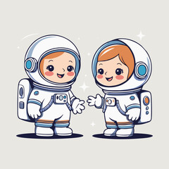 Two cheerful cartoon astronauts having a lively conversation while floating in space, surrounded by colorful planets and twinkling stars, sharing stories of their adventures.