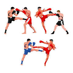 A collection of Muay Thai fighters in various dynamic action poses, showcasing kicks and punches in this powerful vector illustration.